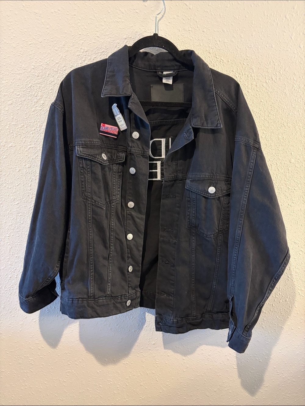 H&M &Denim Sunday Riley Embroidered Black Oversized Denim Jacket
